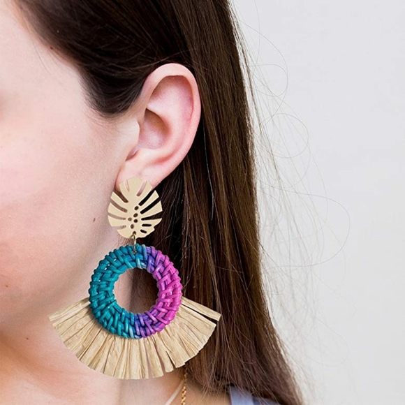 Jewelry - New Tropical Leaf w/Raffia & Woven Rattan …